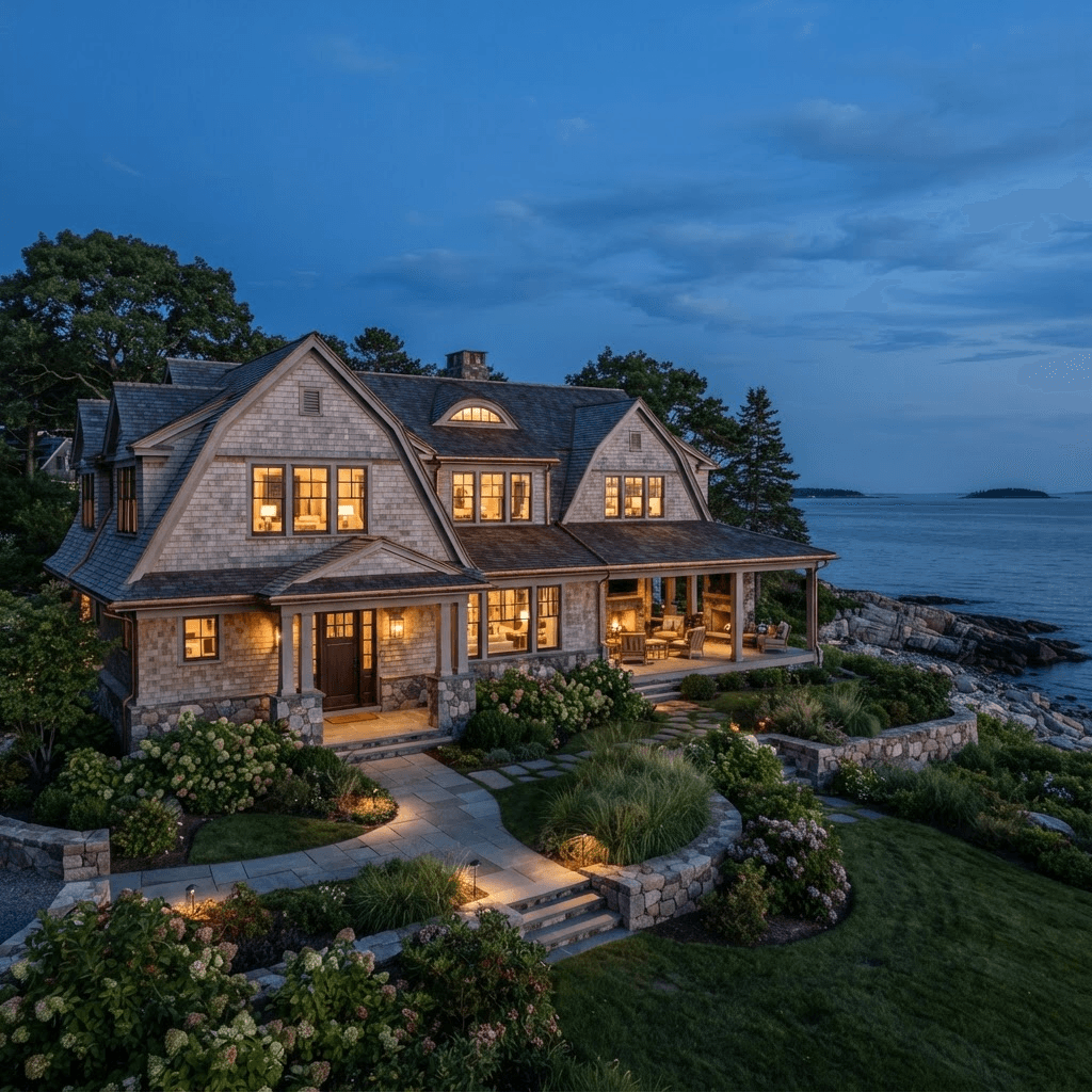 A finished Altima coastal custom home glowing at dusk
